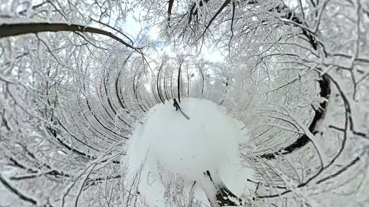 아름다운 겨울 숲을 고 있는 남자, 360° 영상, 360° vr, 작은 행성 효과