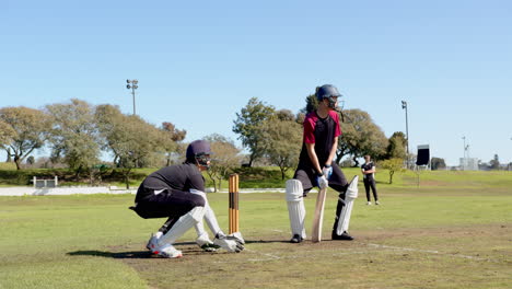 cricket players in action on field, batsman hitting ball with energy