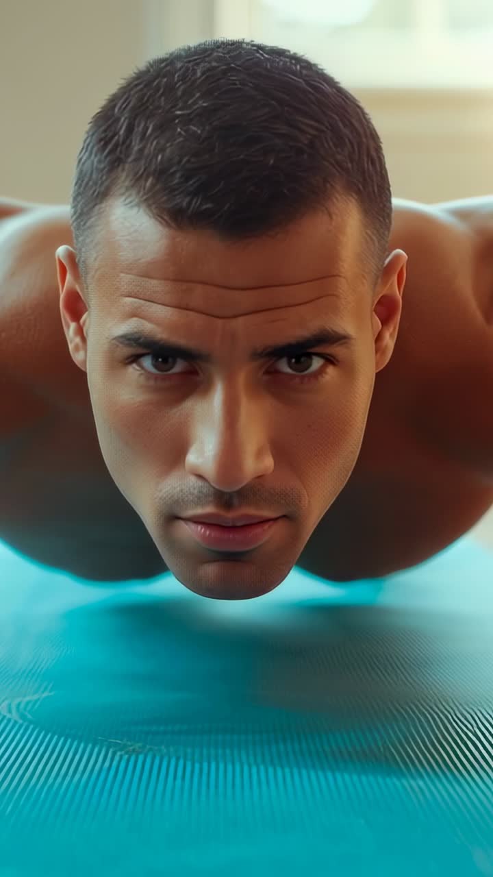 Vertical video: Male athlete holding plank position for core strength at home with blue mat, window