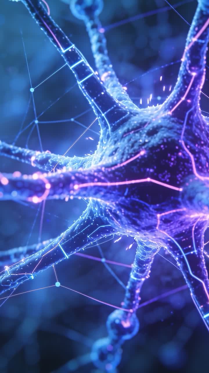 Vertical video: Neural soma taking pulse sending traces along branches for signaling nodes pulsing