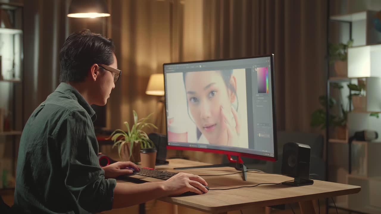 Tired Asian Male Digital Editor Works In Photo Editing Software On His Personal Computer With Big Display, He Works At Night