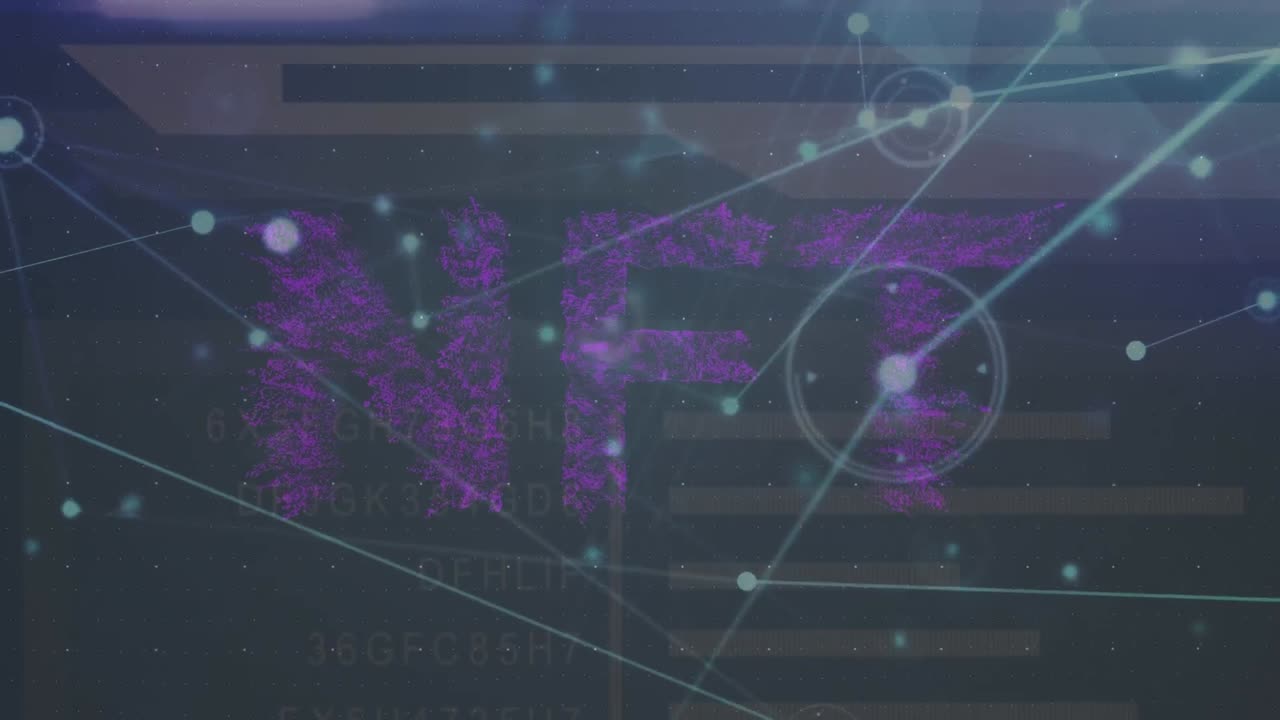 Animation of nft text and network of connections over data processing on black background