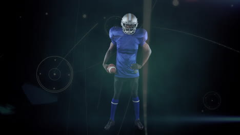 american football player holding ball, standing confidently over digital animation background