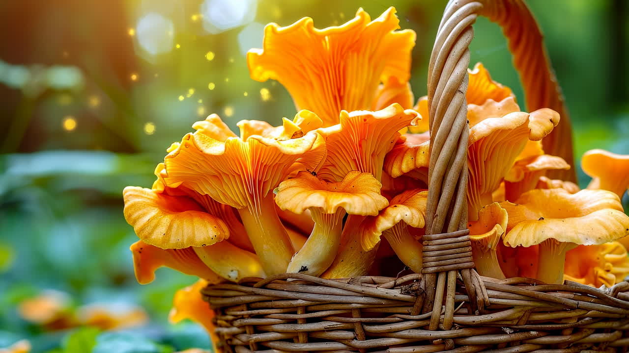 Chanterelles in a basket. A woven basket filled with bright orange chanterelle mushrooms resting in a lush green forest during daylight