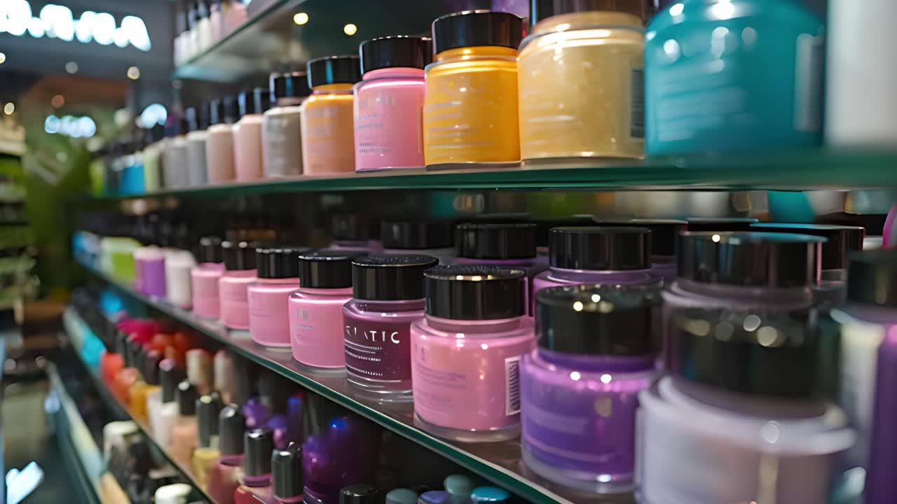Colorful Nail Polish and Beauty Products on Display Shelves