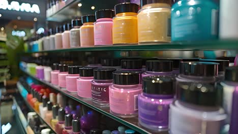 colorful nail polish and beauty products on display shelves