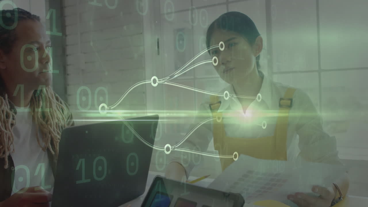 Digital network connections animation over two people working at office desk