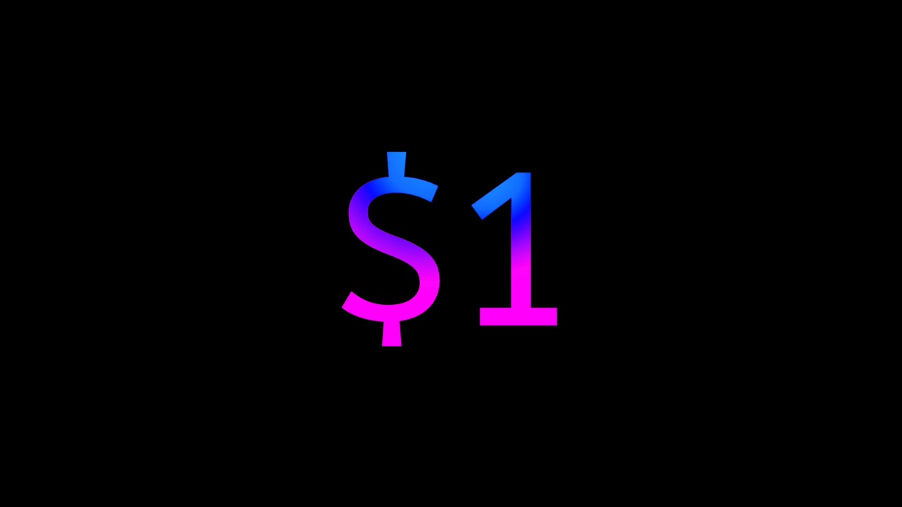 Cartellino del prezzo al neon moderno con animazione di $1 dollaro, testo valuta con gradiente luminoso, grafica in movimento su sfondo nero, concetto aziendale in loop.