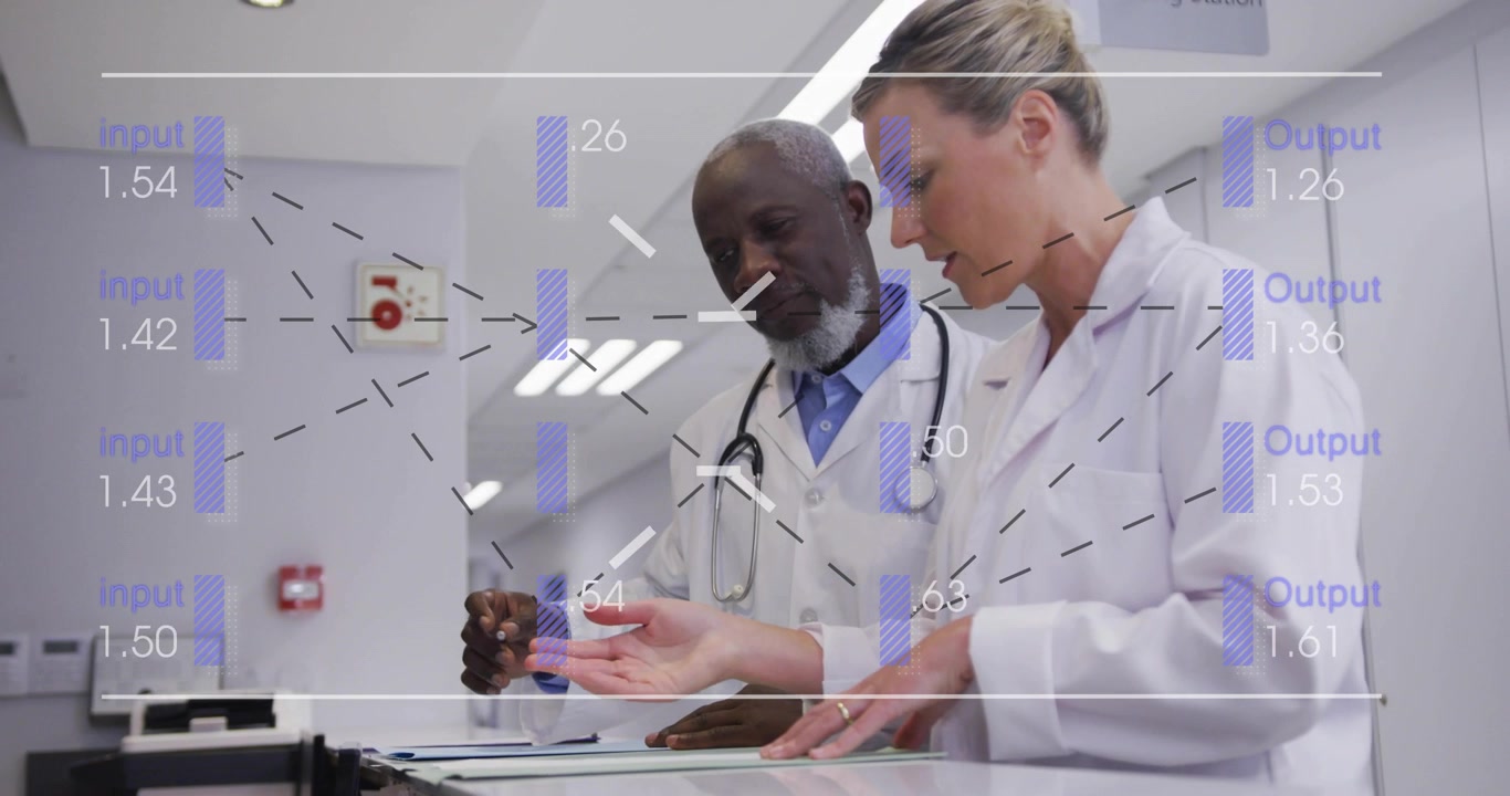 Doctors Reviewing Medical Records with Digital Data Overlay
