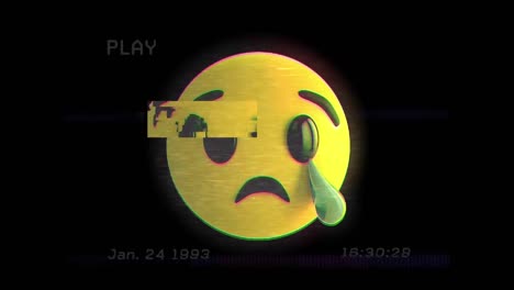 Digital-animation-of-glitch-effect-over-crying-face-emoji-against-black-background