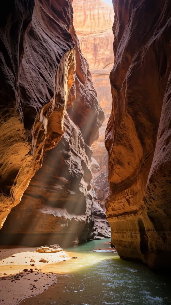 Sunlight Piercing Through a Narrow Slot Canyon with a River