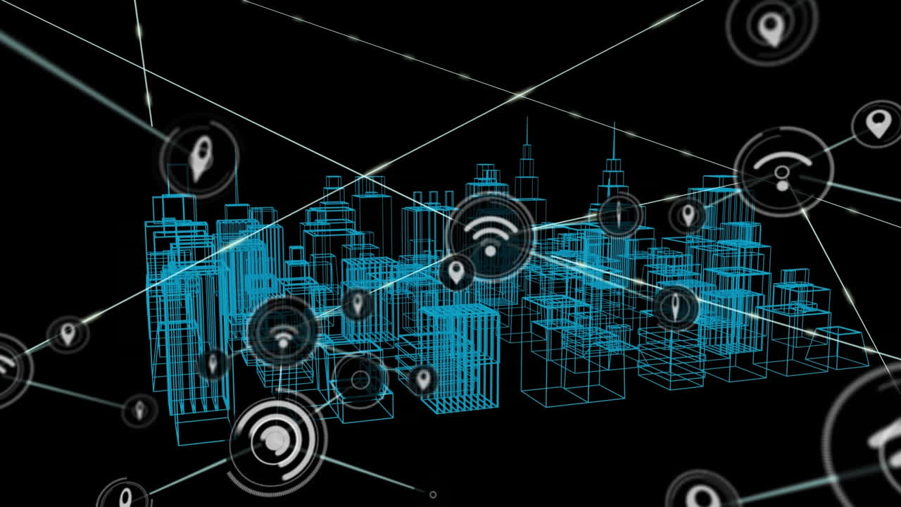 Animation of network of connections with icons over 3d cityscape drawing on black background