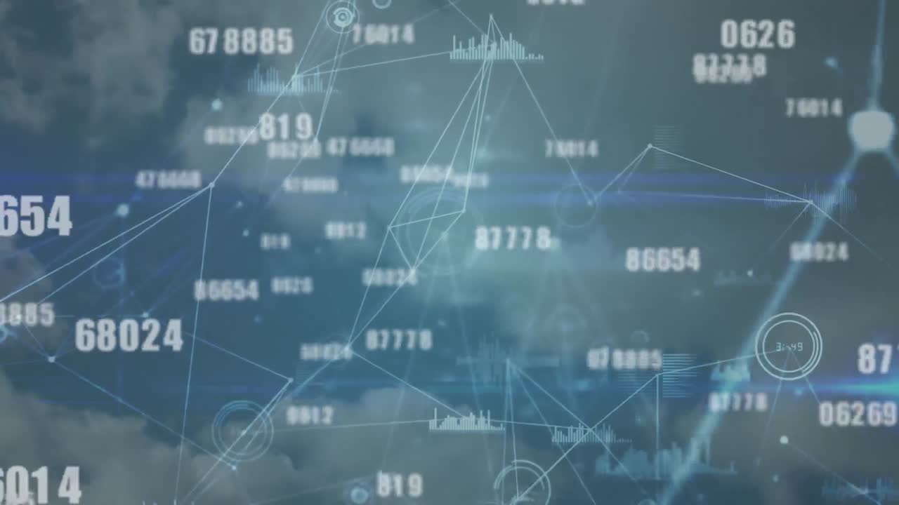 Digital composition of changing numbers and network of connections against clouds in blue sky