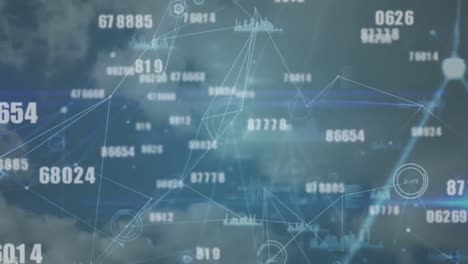 digital composition of changing numbers and network of connections against clouds in blue sky