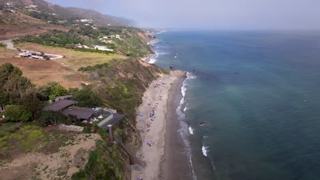 El-Pescador-State-Beach-in-Malibu,-California---aerial-flyover-Pacific-Ocean