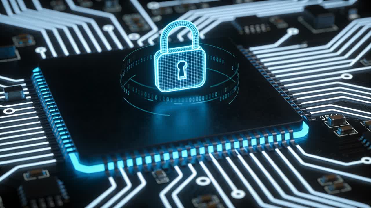 Powering cyan IC activating hologram padlock rotating data ring lighting traces on PCB for security