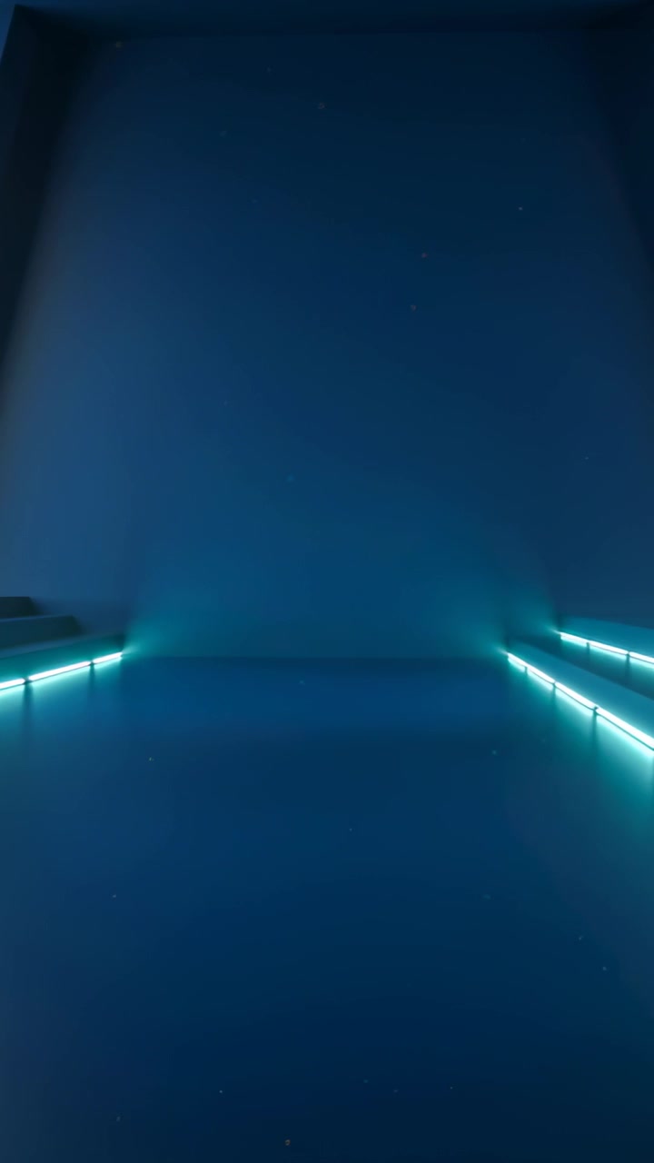 Vertical video: Recording starting, camera capturing gallery corridor, showing cyan LED strips glow