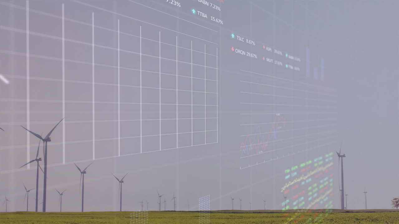 Wind turbines being animated across grassy plain, showing ghosted financial charts, tickers