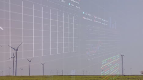 Wind turbines being animated across grassy plain, showing ghosted financial charts, tickers