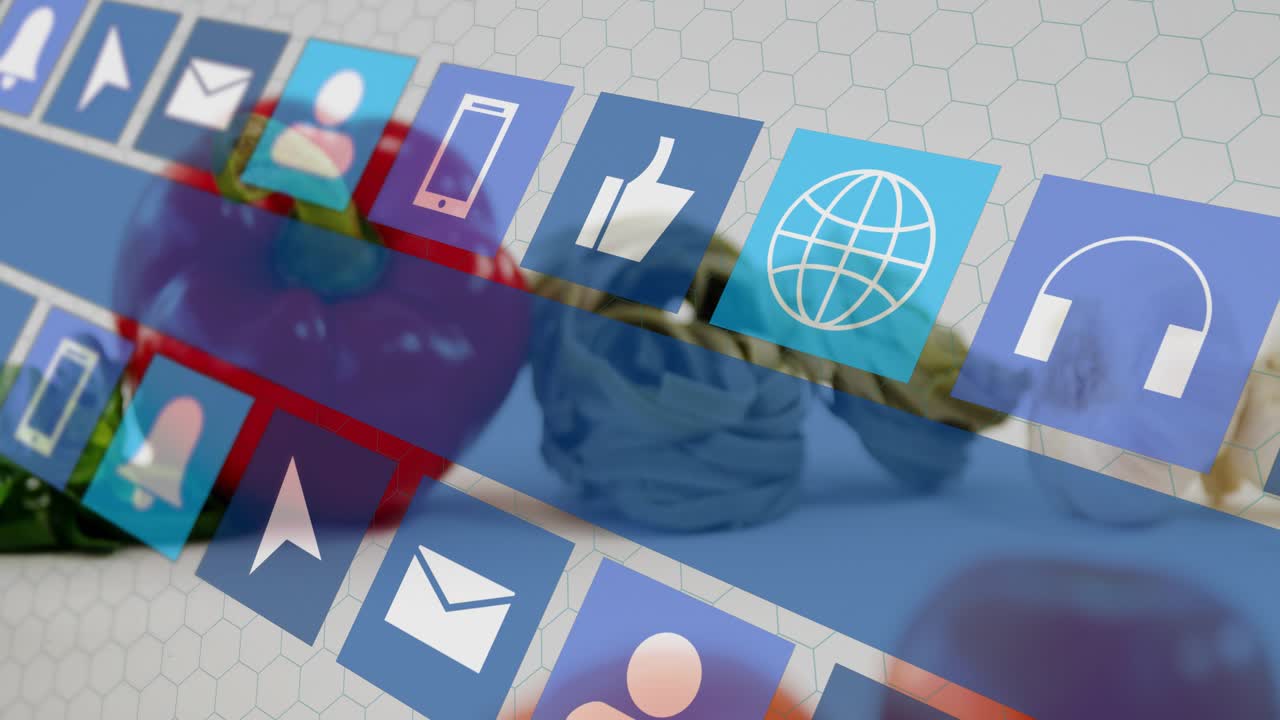 Play tap starting diagonal app-icon ribbons sliding across frame, showcasing apps over food set