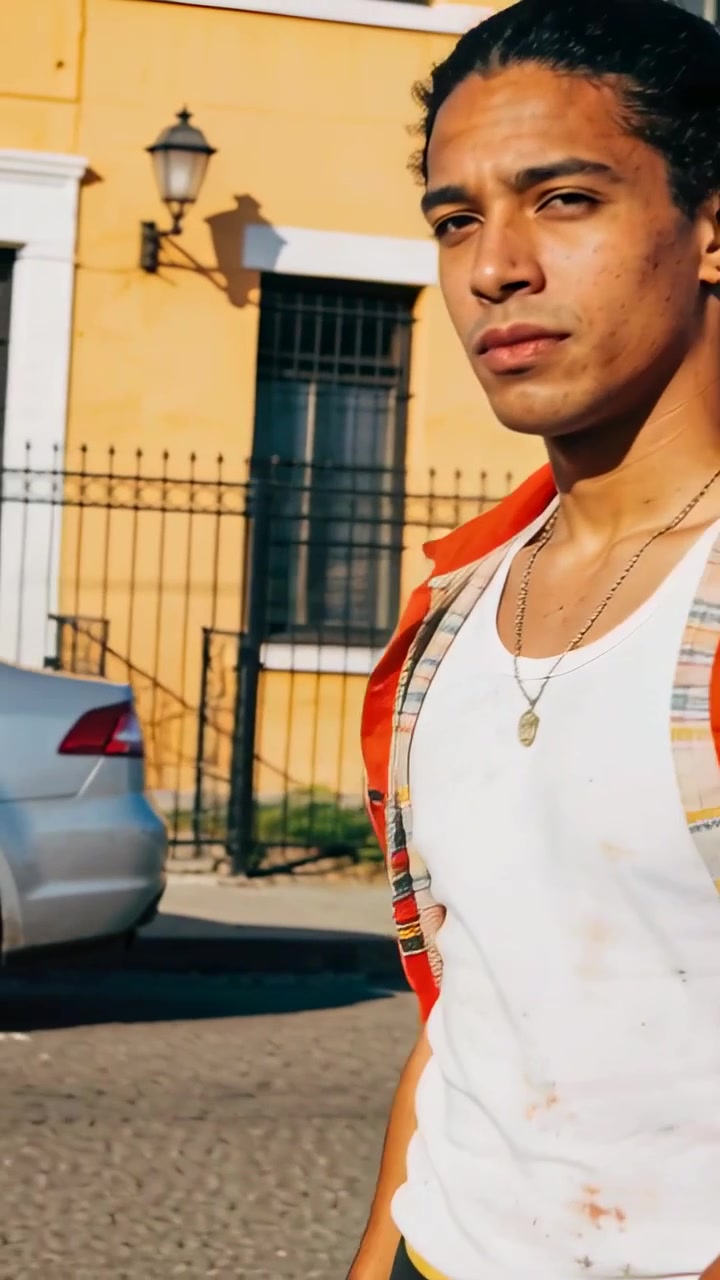 Video verticale: Uomo che cammina ed entra da destra, passando davanti a un edificio giallo, indossando una maglietta rossa, spazio per il testo.