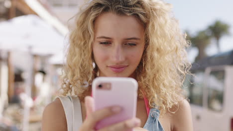 Text,-phone-and-woman-on-holiday-scrolling-social