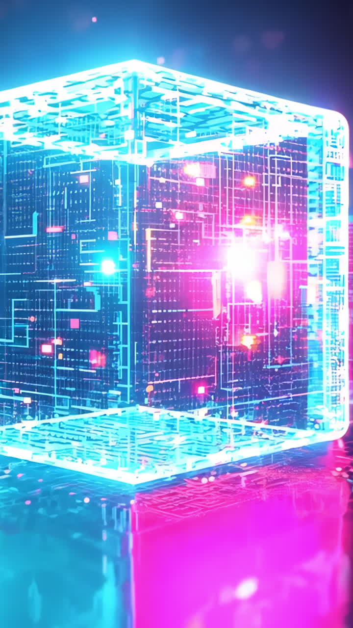A computer screen with a bunch of glowing cubes. The cubes are all different colors and sizes, and they are arranged in a grid pattern. Scene is futuristic and technological