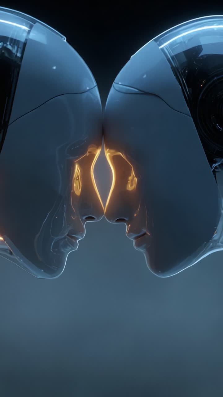 Un incontro affascinante tra due androidi futuristici che esplorano i confini della connessione e della tecnologia in una rappresentazione visivamente straordinaria dell'emozione e del design dell'IA.