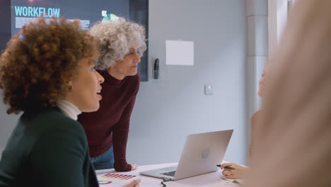 Reife-Geschäftsfrau-Leitet-Kreatives-Treffen-Von-Frauen,-Die-Am-Tisch-In-Einem-Modernen-Büro-Zusammenarbeiten