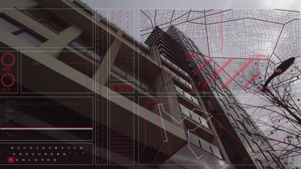 animación de círculos de carga, números cambiantes, patrón de navegación, vista de ángulo bajo del edificio