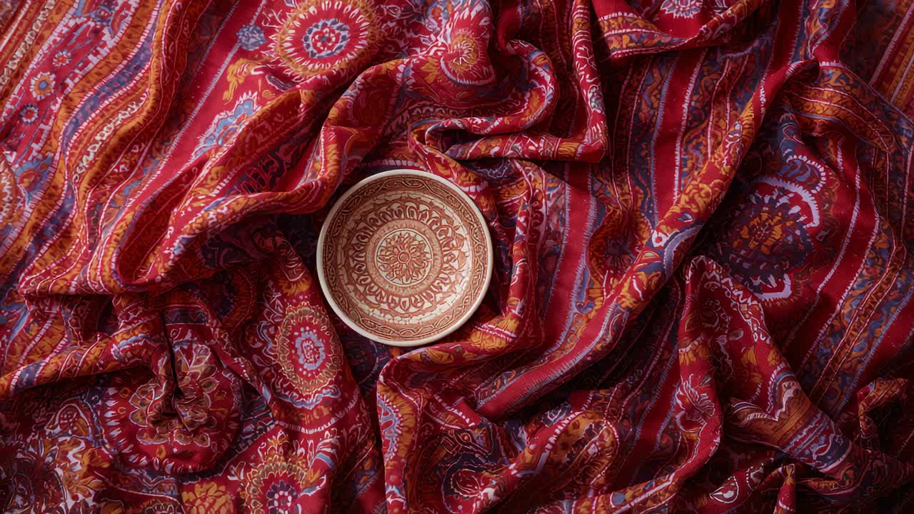 Shifting textile folds nudging ceramic mandala dish drifting to center on table, revealing stripes