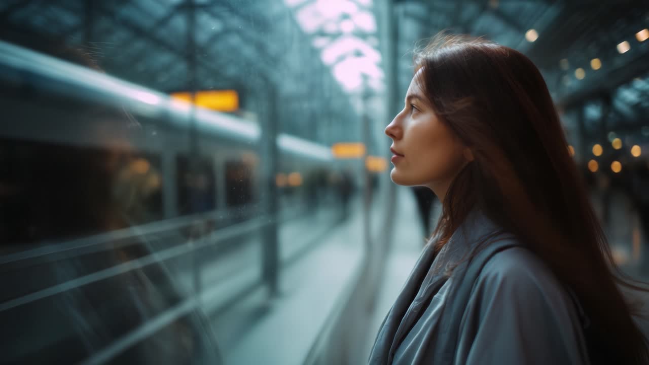 Una donna pensierosa che guarda fuori dal finestrino della stazione ferroviaria, catturando un momento di riflessione tra il trambusto dei viaggi e dei pendolari sullo sfondo.