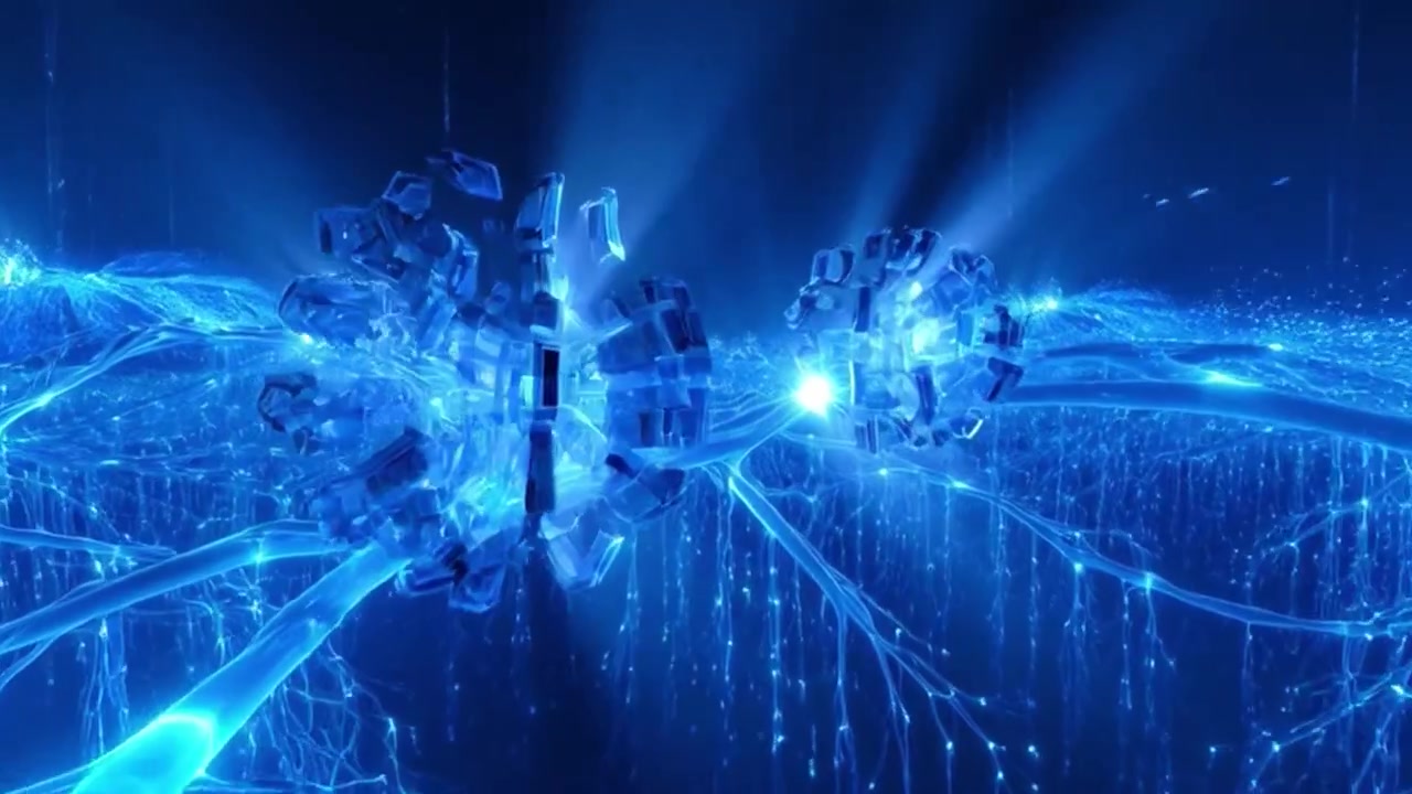 Abstract Digital Neural Network Connecting and Pulsing with Blue Light