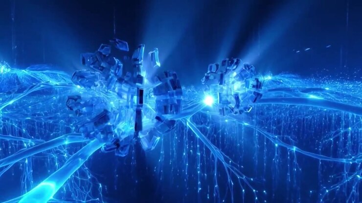 Abstract Digital Neural Network Connecting and Pulsing with Blue Light