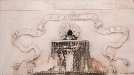 water flowing from an ornate wall mounted fountain of chafariz das cinco bicas in caldas da rainha, leiria, portugal - static shot