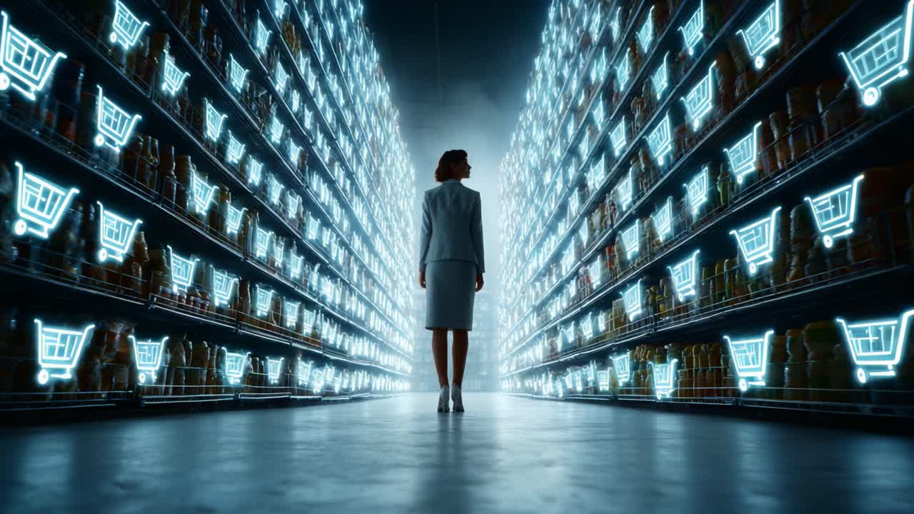 Exploring the Future of Shopping: A Woman Stands in an Aisle of Neon-Illuminated Grocery Carts, Surrounded by Digital Displays of E-commerce Products in a Futuristic Supermarket Experience