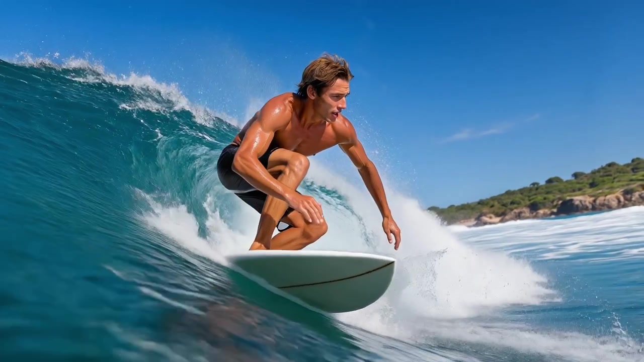 Athletic young man riding a large ocean wave on a surfboard under a clear blue sky