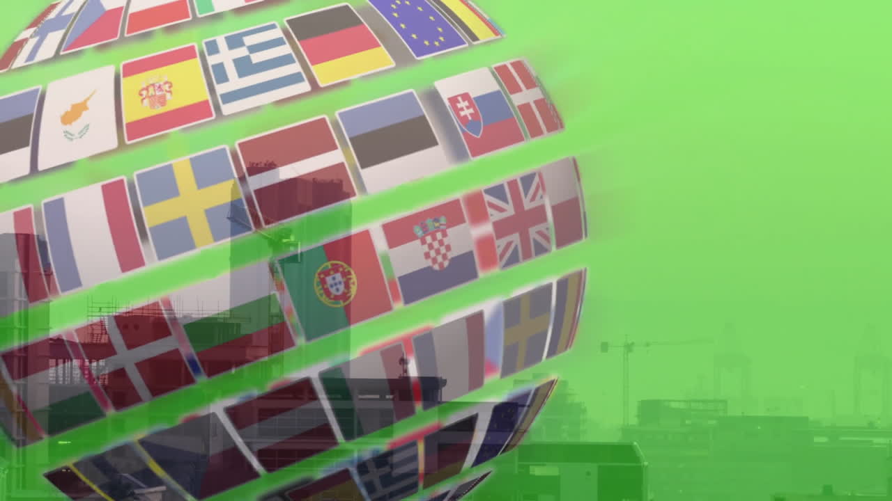 Digital flag-tile globe floating over green screen, showing construction cranes and scaffolding