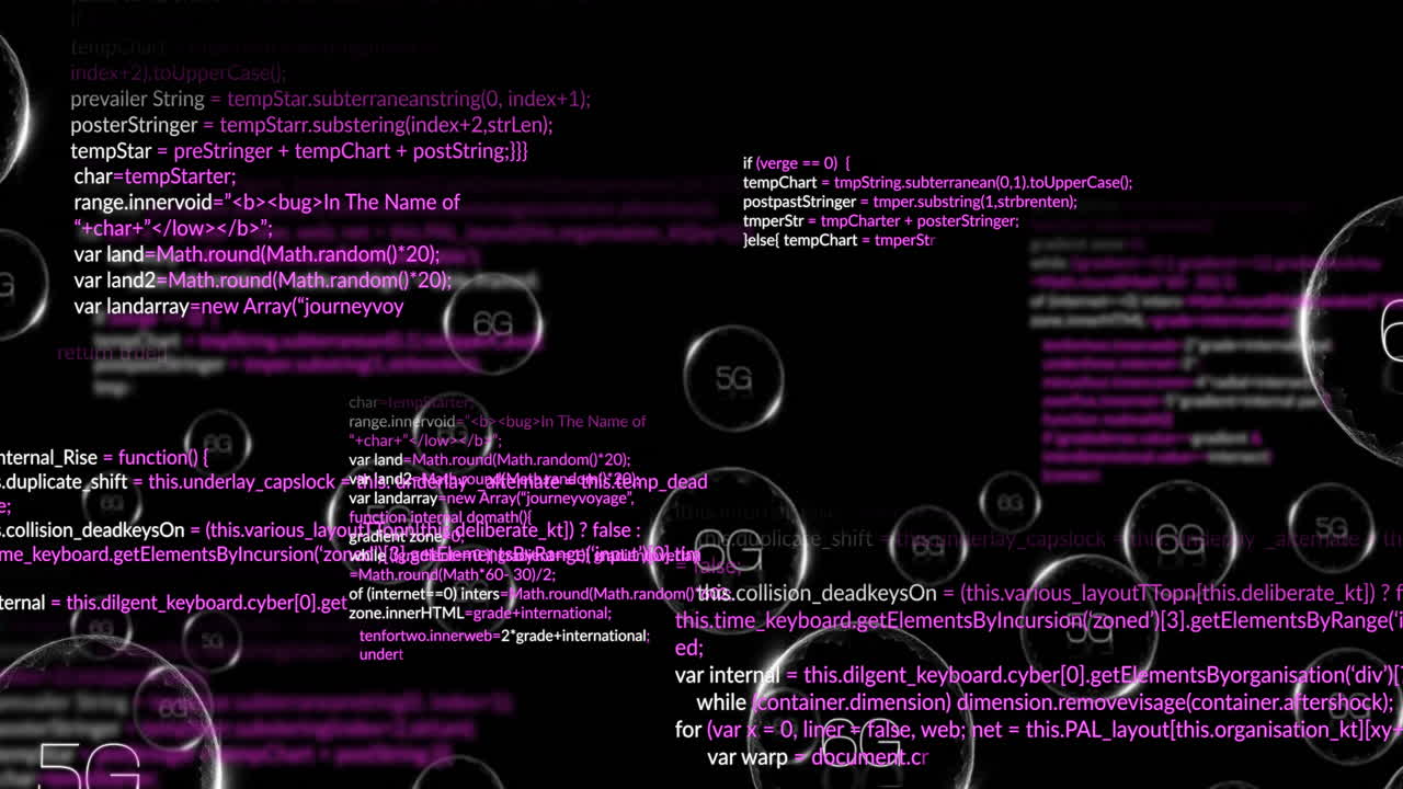Animation of programming code with 5G symbols on dark background with purple text