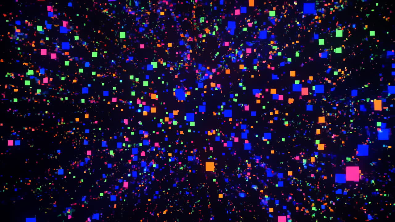 Quadrati astratti colorati e luminosi che si muovono in uno spazio digitale scuro