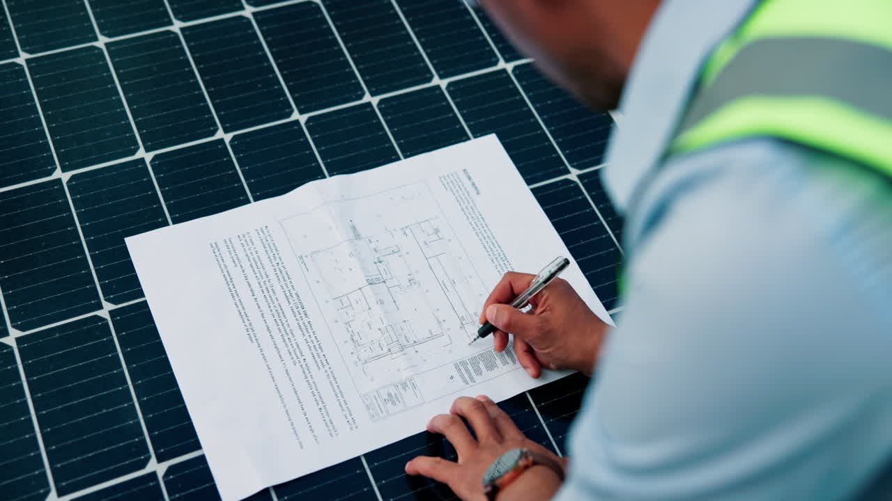 Engineer Inspecting Solar Panel Blueprint