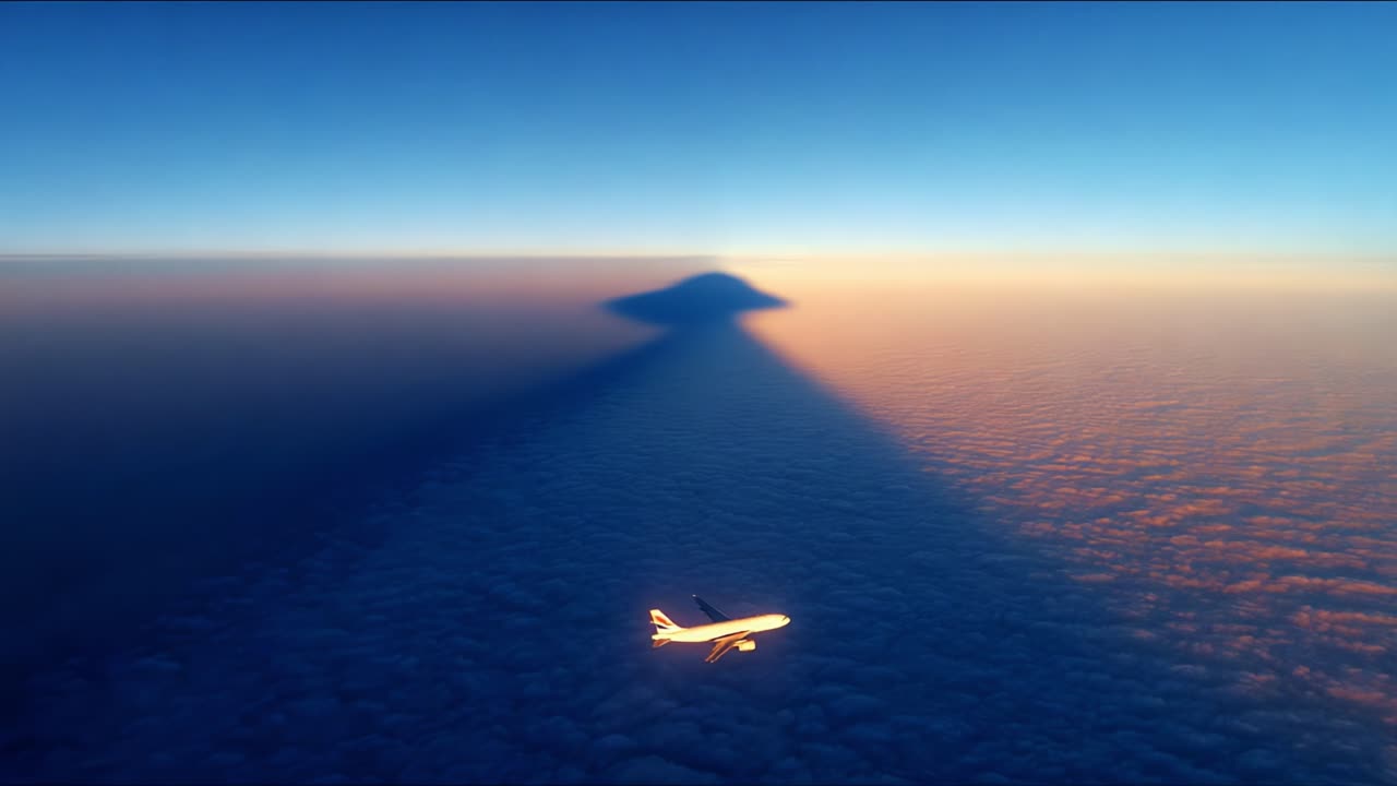 A Stunning Aerial View of an Airplane Casting a Shadow on the Cloudy Horizon at Dusk, Capturing the Beauty of Flight Against a Background of Vibrant Colors