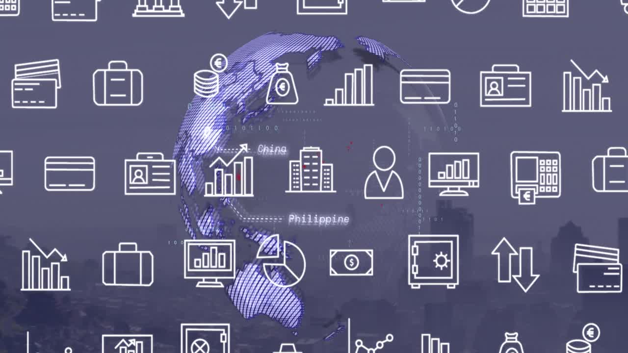 animación de múltiples iconos digitales sobre un globo giratorio y procesamiento de datos contra el paisaje urbano