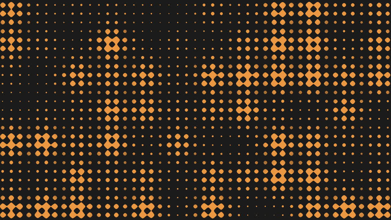 A dynamic black and orange pattern created by overlapping and varied-sized dots forming a circular shape, exuding a sense of motion and vitality