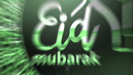 animation of eid mubarak text with crescent moon and mosque in green on black background