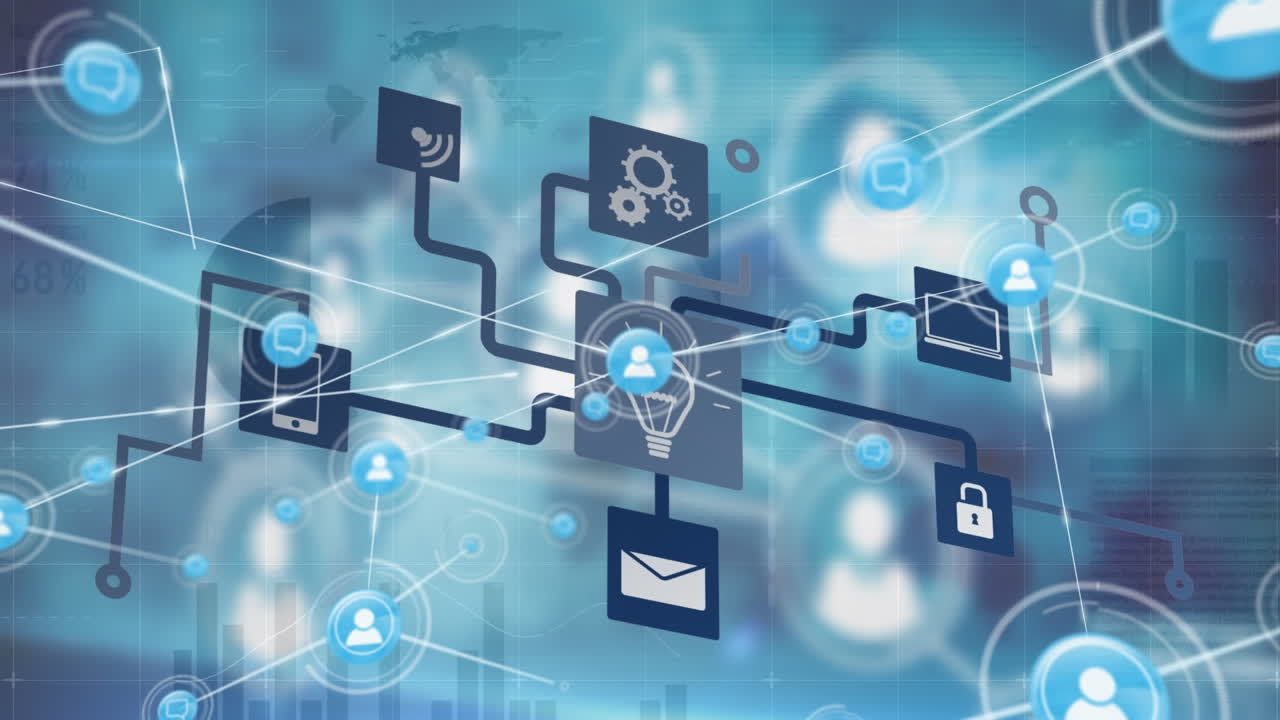 animación de una red de iconos digitales sobre el procesamiento de datos estadísticos contra un fondo azul