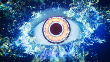 an eye in the dark with vfx particles, 3d rendering.