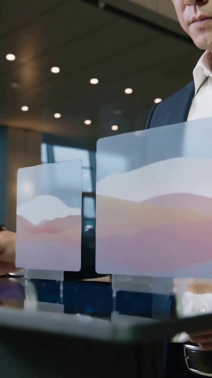 Vertical video: Stylus tapping, suited man swiping chart cards on kiosk in lobby, sorting data