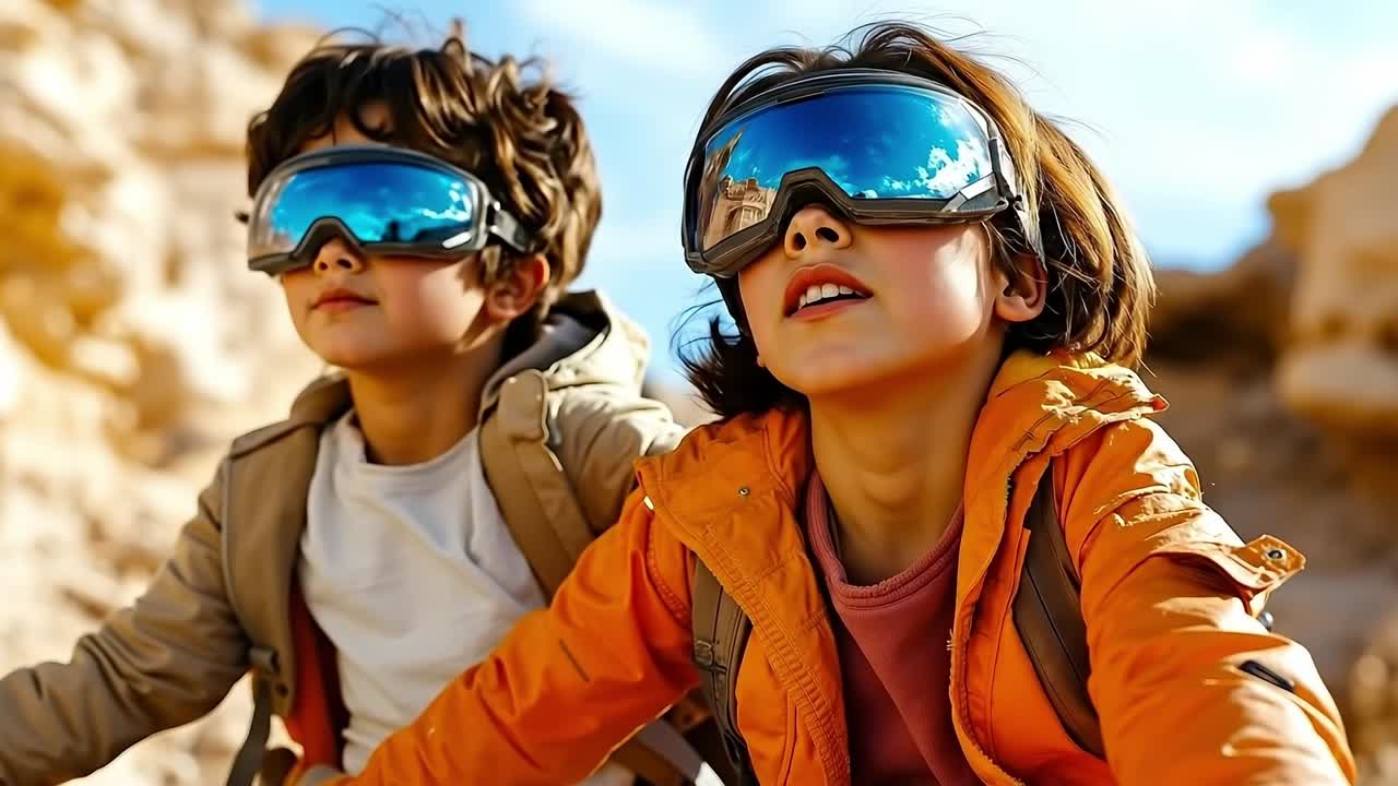 Two young boys wearing ski goggles looking up at the sky