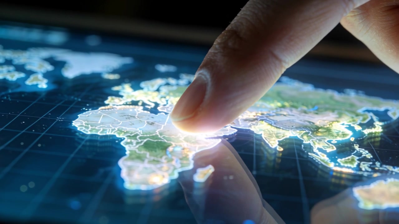 Touching right fingertip pressing, dragging across touchscreen at desk, with moving map highlights